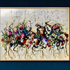 Fantasie Blumen – Original Mixed Media Gemälde auf Yupo Papier – 20x30 Florale Abstrakte Kunst – Aquarell & Alkoholtinte – Einzigartiges Geschenk