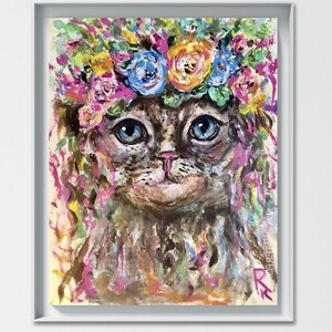 "La Musa del Giardino" – Ritratto di gatto originale ad acquerello e tecnica mista