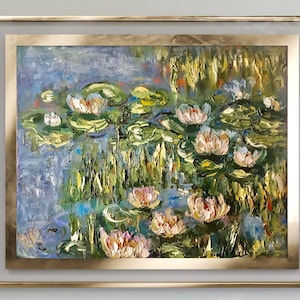 Monet-Inspired Water Lily Oil Painting: Impasto Floral Art, 40x50 cm