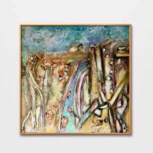 Ciudad pesquera, pintura original de fantasía de medios mixtos de acrílico, arte de pared collage, pintura de ciudad de fantasía