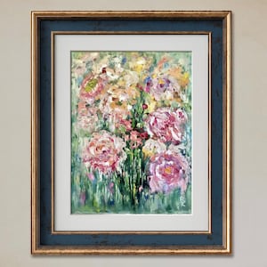 Peinture à l'huile sur toile empâtement texturé pivoines : art floral romantique