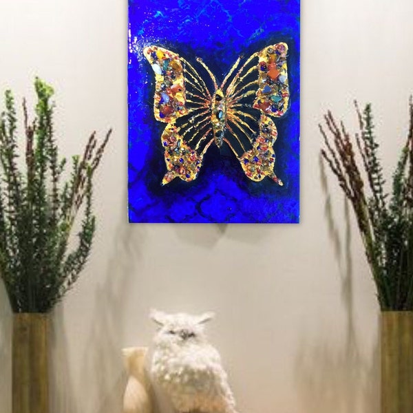 Arte de lienzo de mariposa, pintura de medios mixtos sobre lienzo, piedras naturales decoradas, regalo único para ella, arte de pared.