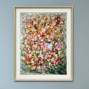 Perso nei prati, originale mix media acquerello e opere d'arte acriliche su carta da acquerello, decorazione domestica moderna floreale rosa, regalo fatto a mano.