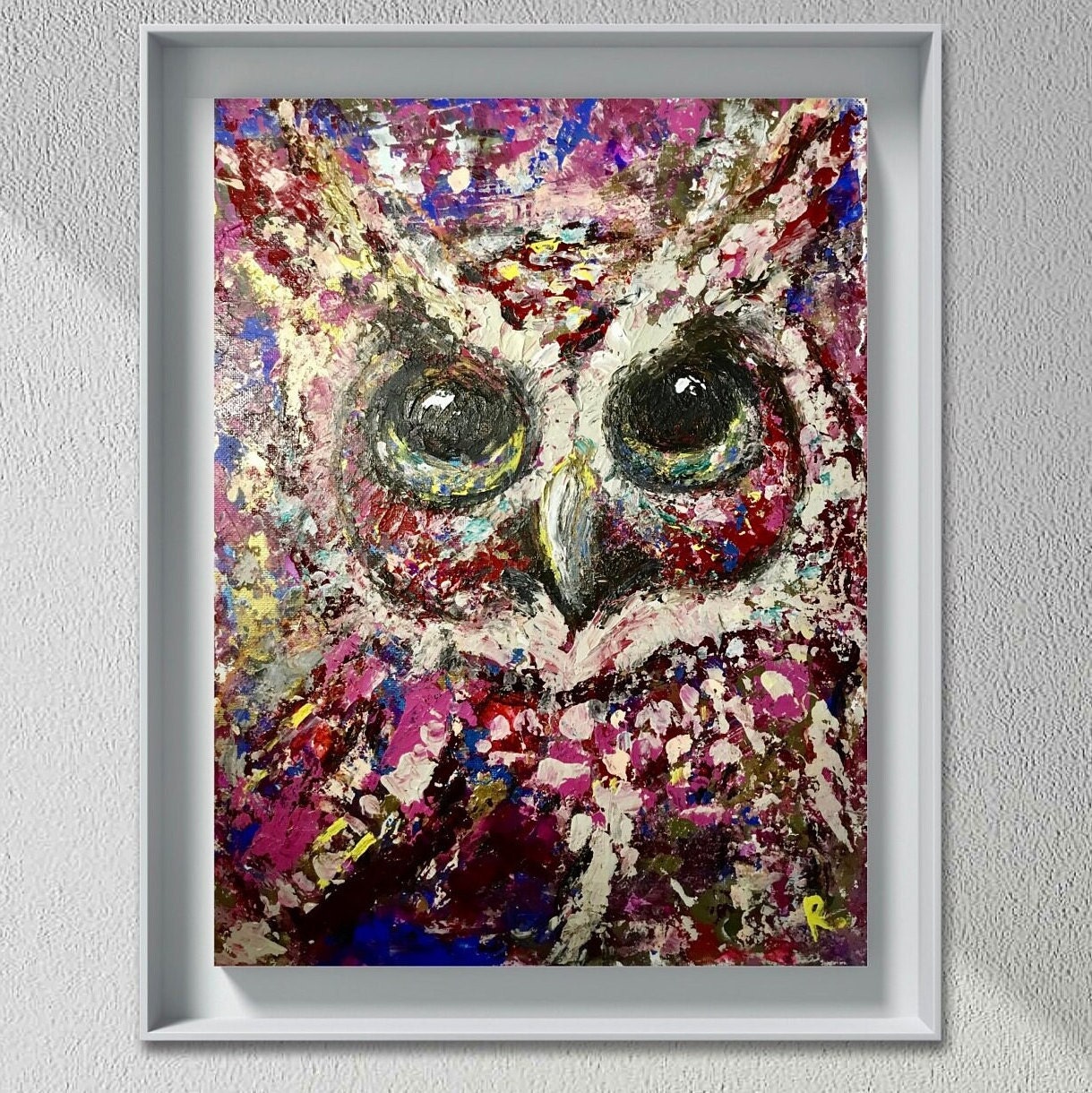 Crimson Watcher – Colorful Red Owl Impasto Acrylic Painting on Canvas Board, 12x16 in, Kids Room or Game Room Wall Art