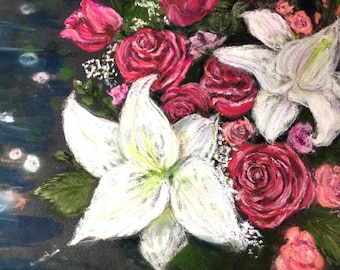 Lilien und Rosen Blumenstrauß Gemälde, original Pastellbild auf Pastelmat, Blumen Wandkunst.