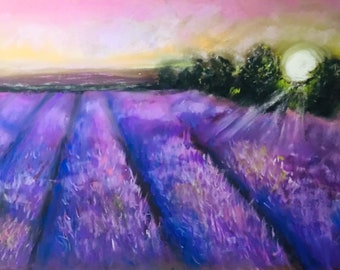 Campos de lavanda,pintura pastel en pastelmat, pintura al pastel de paisaje, arte de pared de decoración del hogar, pintura de la provincia.