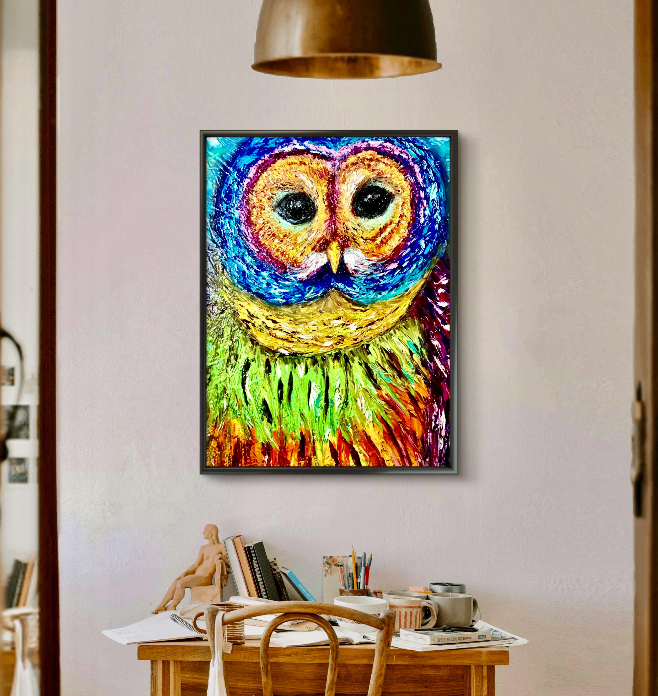 Rainbow Owl Oil Painting: Impasto Wildlife Art, Colorful Home Decor (30x40 cm)