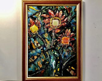 Abstract bloemen gebrandschilderd glaspaneel, mozaïekglasmuurkunst, ingelijst A4-kunstwerk
