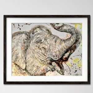 Dipinto ad acquerello di elefante bianco / Tecnica mista su carta Yupo / Elefante fortunato con proboscide sollevata 12x16" / Opera d'arte originale