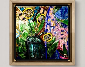 Panel de vidrieras, pintura sobre vidrio, flores abstractas de fantasía con decoración de piedras naturales, regalo para ella, regalo único