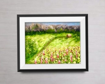 Landschaft,Felder,Wildblumen,Haus auf Feldern,Originale Malerei auf pastelmat,Haus Dekoration,Geschenk.