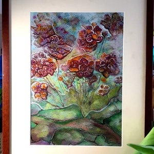 Dipinto astratto originale di fiori fantasy - formato A4, acquerello, inchiostro e pastello, tecnica mista, decorazione da parete con o senza cornice