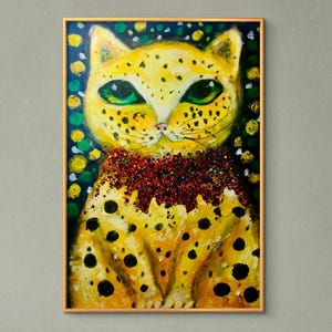 Gato amarillo en puntos, pintura original al pastel al óleo sobre papel, decorado con purpurina, obra de arte mixta, decoración