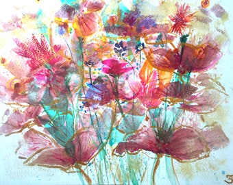 Fleurs abstraites, aquarelle originale, décoration de la maison.