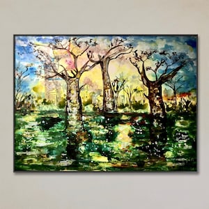 Baobab Dreams – Paesaggio africano astratto, acquerello su carta Yupo / dipinto originale, vibrante arte murale naturale