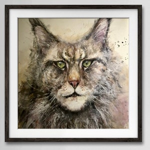 Dipinto ad acquerello originale di un gatto Maine Coon: opera d'arte unica nel suo genere su carta da 400 g/m², 28×38 cm (11×15 pollici), regalo unico per gli amanti dei gatti.