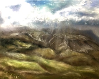 Pintura pastel original de paisaje. Pintura de montañas. Pintura hecha a mano en pastel.