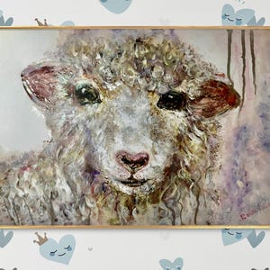 Dipinto originale ad acquerello e inchiostro alcolico raffigurante un agnello, 12 x 16 pollici, decorazione murale con animali da fattoria, tecnica mista unica su carta Yupo.