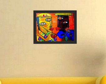 Amantes, pintura abstracta, pintura pastel al óleo original, regalo para el día de San Valentín.