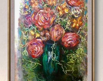 ファイアソフトローズ - オリジナルソフトパステルフローラルペインティング 25 × 35 cm、表現力豊かな現代的なローズブーケアート