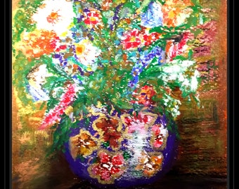 Flowers in a vase painting ,original oil pastel Painting ,flowers wall art.