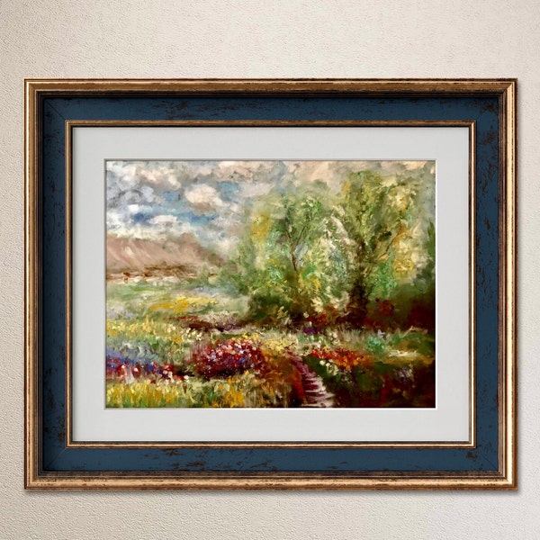 Original oil pastel and pan pastel painting on pastelmat,semi abstract landscape painting, wall art,fields,mountains ,sky,home decoration.