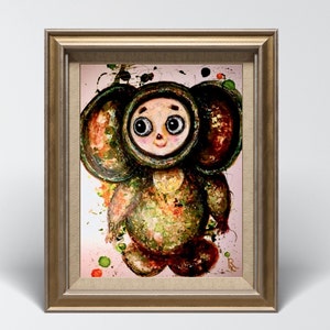 Cheburashka Acquerello Mix Media – Dipinto originale su carta Yupo – Arte russa dei giocattoli – Pezzo unico 30×40 cm (12×16″)