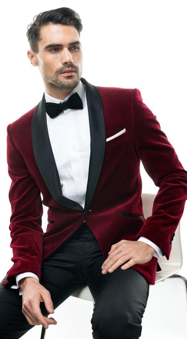 Men Maroon Velvet Tuxedo Jacket Slim Fit Single Button Velvet - Etsy