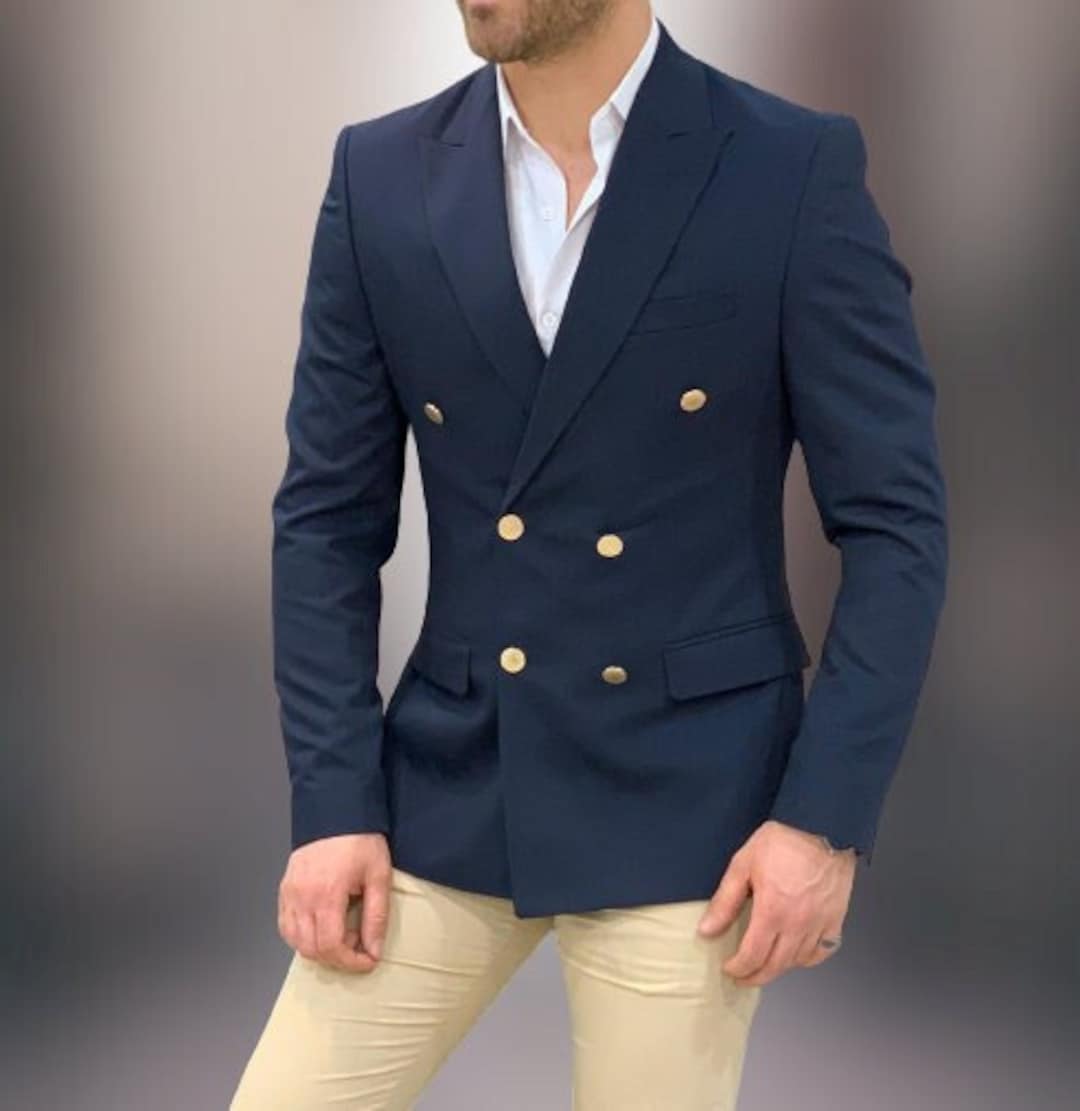 Men Double Breasted Premium Navy Blue Blazer Party Wear Jacket 