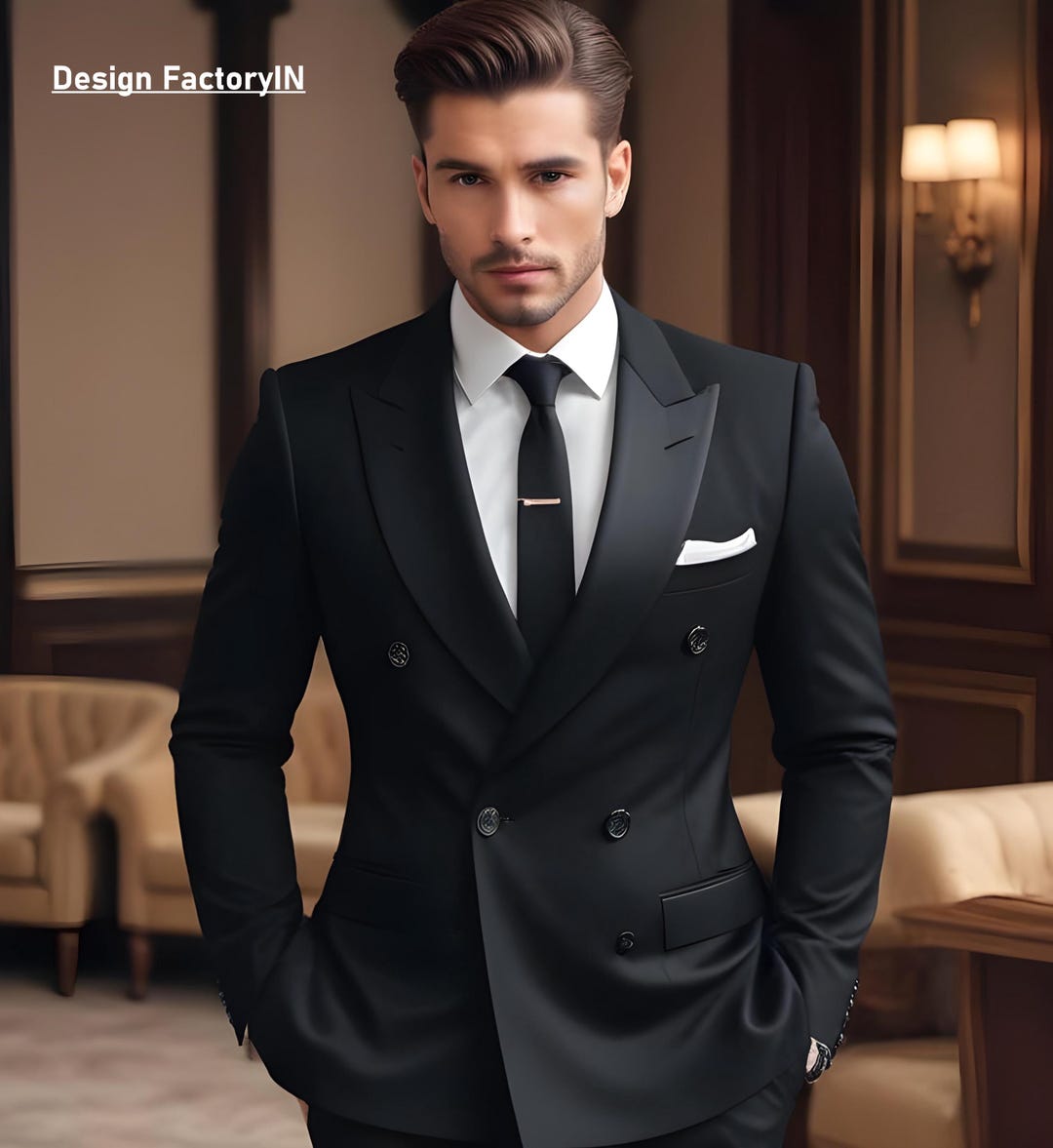 Handsome Black Wedding Suit For Groom with Double Breasted Peak Lapel