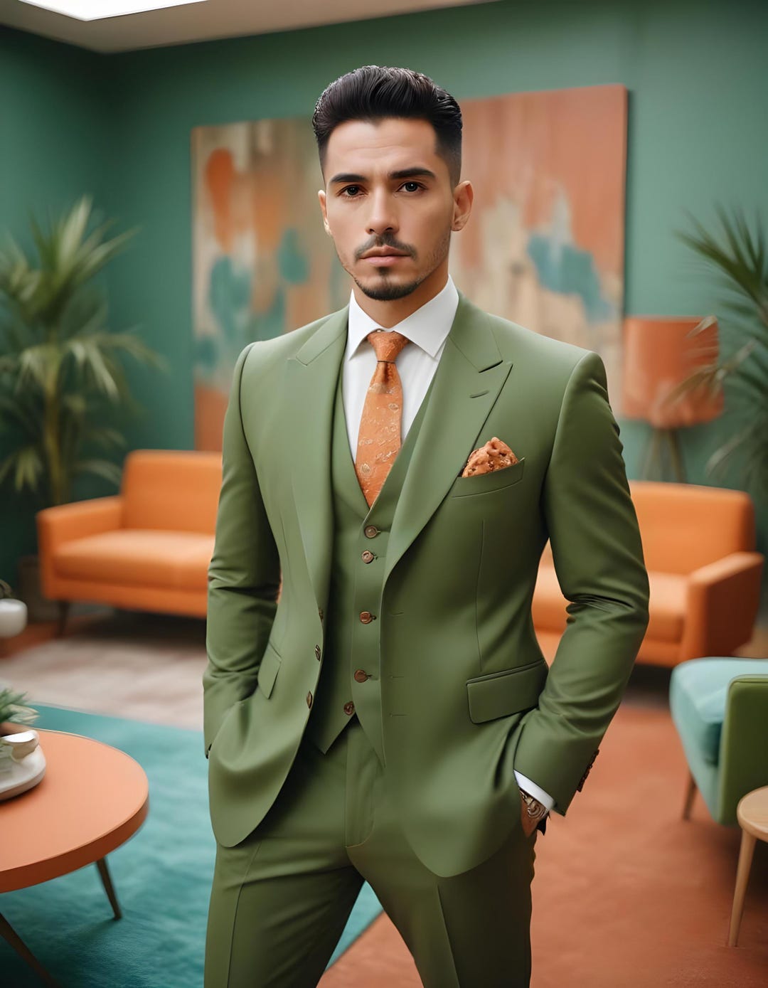 Casual Olive Green Solid Color Flax Slim Fit Men's Suits Single Breasted 2 Pieces Wedding Suit