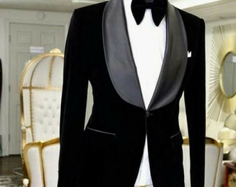 Men Tuxedo Jacket Slim Fit Stylish Single button Black Velvet Blazer Coat