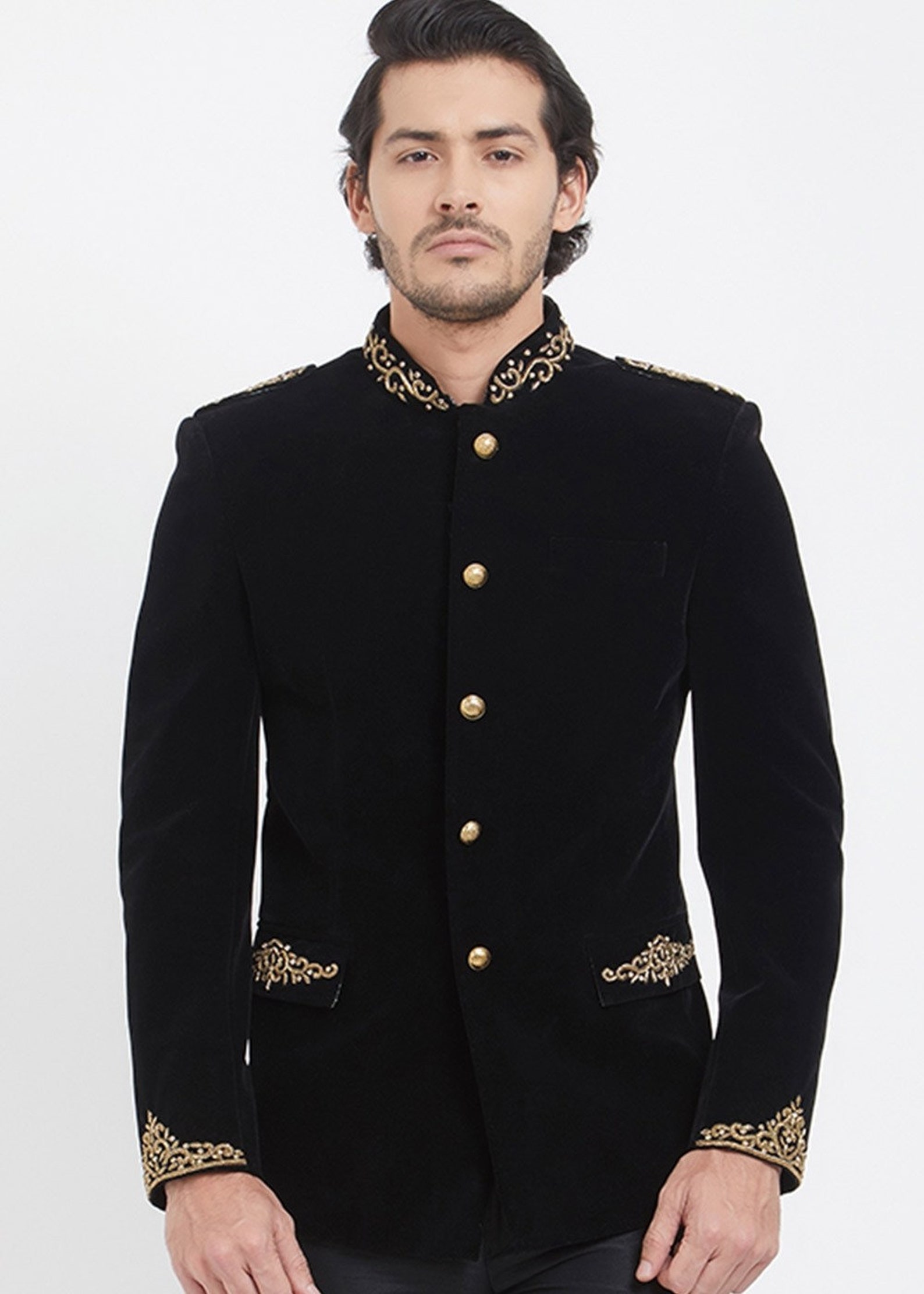 Men Jodhpuri Black Velvet Embroidery Jacket Wedding Slim Fit Etsy