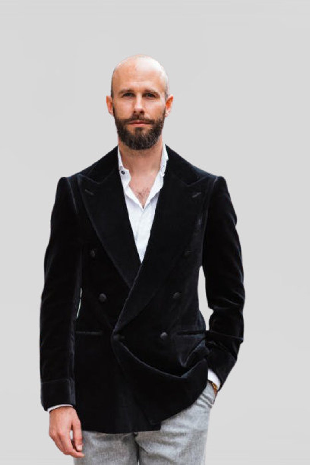 Men Double Breasted Velvet Black Blazer Party Wear Jacket Slim Etsy