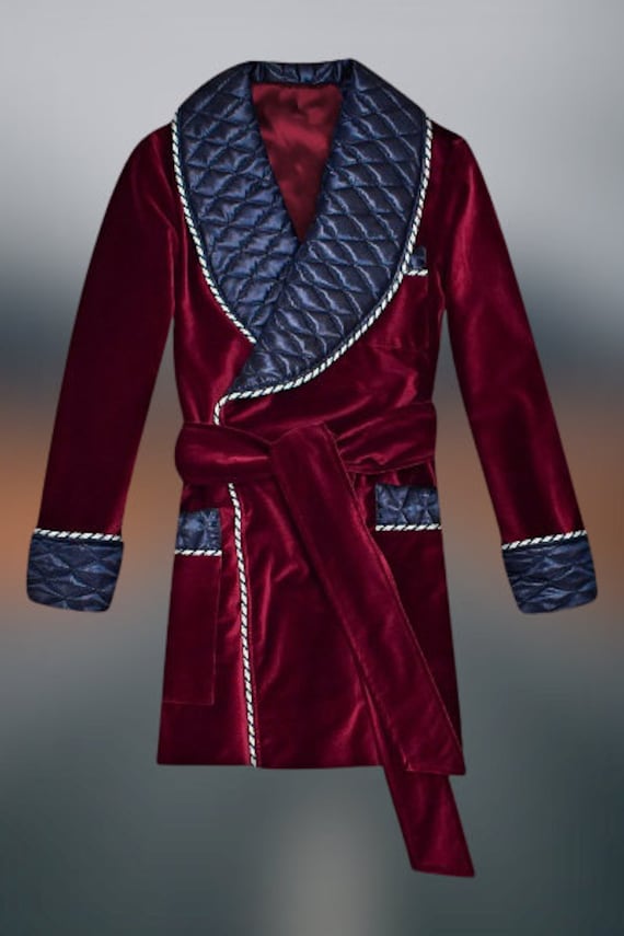 Men Smoking Quilted Jacket Robe Burgundy Velvet Party Wear Etsy