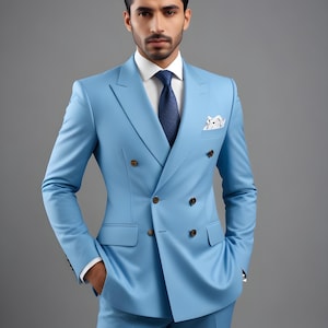 Men's Premium Sky Blue 2 Piece Double Breasted Suit, Orignal