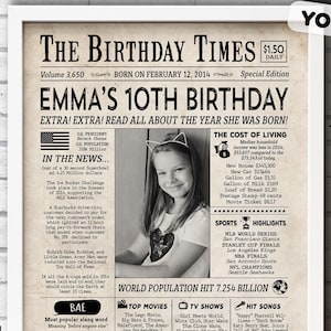 Geburtstagsschild 10 Geburtstag - Born in 2014 Zeitung - Mädchen Geburtstag Dekorationen - vor 10 Jahren druckbares PDF