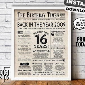 Decorações de aniversário de 16 anos - Placa IMPRIMÍVEL de aniversário de 16 anos - Em 2009, ano em que você nasceu, jornal - Presente de última hora - DOWNLOAD INSTANTÂNEO