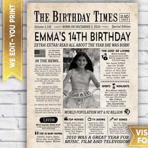 Décorations pour le 14e anniversaire d'une fille - Poster 2010 - Année de naissance 2010 - Toile de fond pour le 14e anniversaire - Il y a 14 ans, PDF numérique imprimable