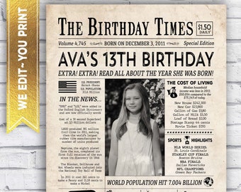 13th Birthday Girl Decorations - Back in 2011 Poster - Year you were born 2011 - 13th birthday backdrop - 13 years ago printable digital PDF