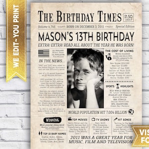 Décorations du 13e anniversaire de garçon - Poster de retour en 2011 - Année de naissance 2011 - Toile de fond du 13e anniversaire - Il y a 13 ans fichier numérique imprimable