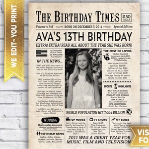 Décorations pour le 13e anniversaire d'une fille - Poster 2011 - Année de naissance 2011 - Toile de fond pour le 13e anniversaire - Il y a 13 ans, PDF numérique imprimable