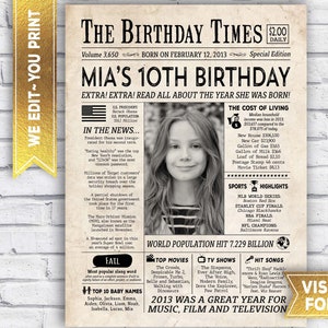 10e anniversaire fille décorations - retour en 2013 affiche - année de votre naissance 2013 journal - signe du 10e anniversaire - fichier numérique imprimable