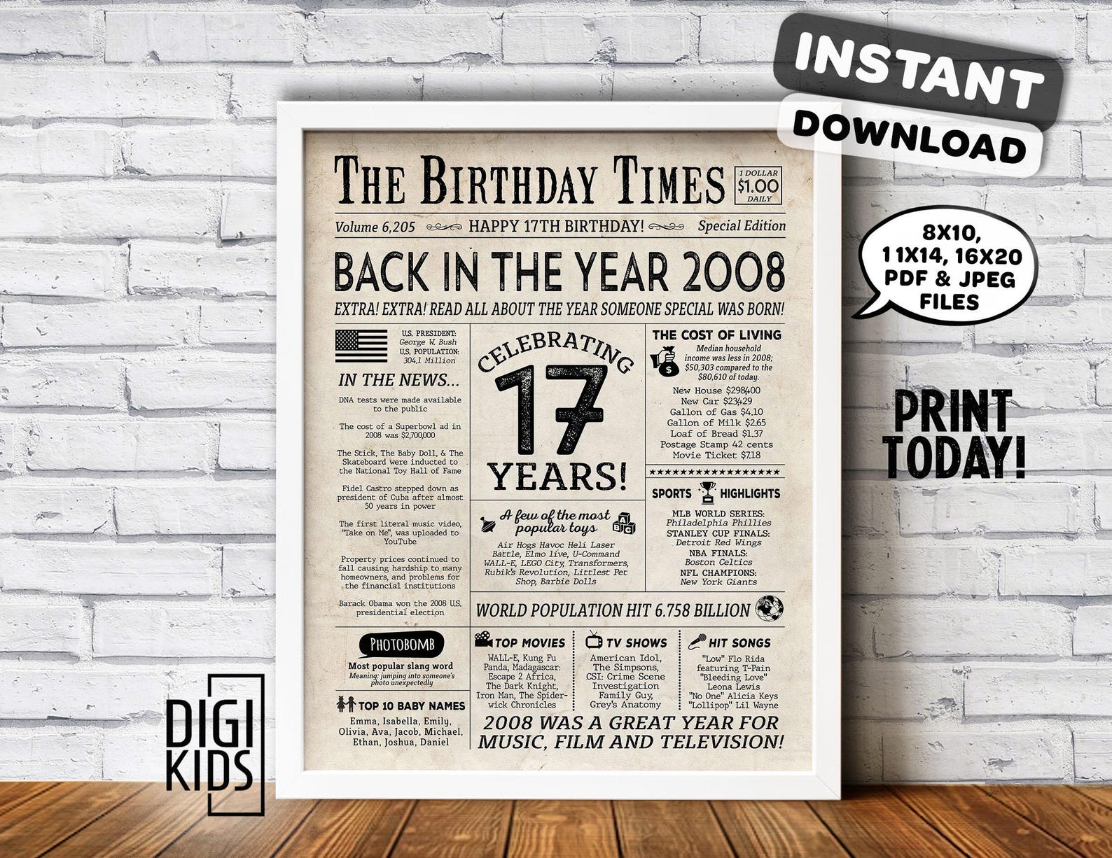 17th Birthday Decorations - 17th Birthday PRINTABLE Sign - Back in 2008