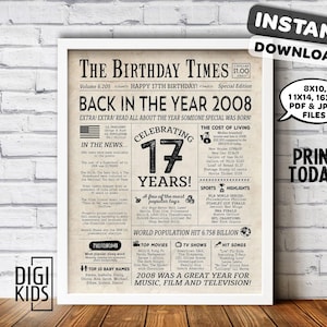 17th birthday decorations - 17th birthday PRINTABLE sign - Back in 2008 year you were born newspaper - Last minute gift - INSTANT DOWNLOAD