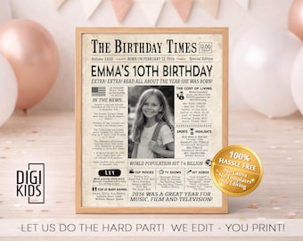 Plaque de fête pour 10e anniversaire - Journal né en 2016 - Décorations pour 10e anniversaire de filles - PDF numérique imprimable il y a 10 ans