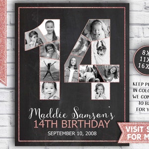 14.Geburtstag Mädchen Dekoration - Fotocollage 14.Geburtstag - 14.Geburtstag Zeichen - Last Minute Geschenkidee - Printable Party Decor rose gold