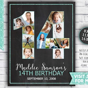 14. Geburtstag Mädchen Dekorationen - 14. Geburtstag Schilder - Fotocollage 14. Geburtstag - Last Minute Geschenkidee - Printable Party Decor TEAL