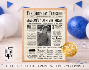 Plaque de fête pour 10e anniversaire - Journal né en 2016 - Décorations pour 10e anniversaire de garçons - PDF numérique imprimable il y a 10 ans