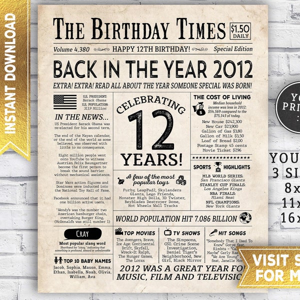 12th birthday decorations - 12th birthday PRINTABLE sign - Back in 2012 year you were born newspaper - Last minute gift - INSTANT DOWNLOAD